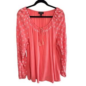 Susan Graver Weekend XL Peasant Top Crinkled Gauze Coral Embroidered Boho Tassel